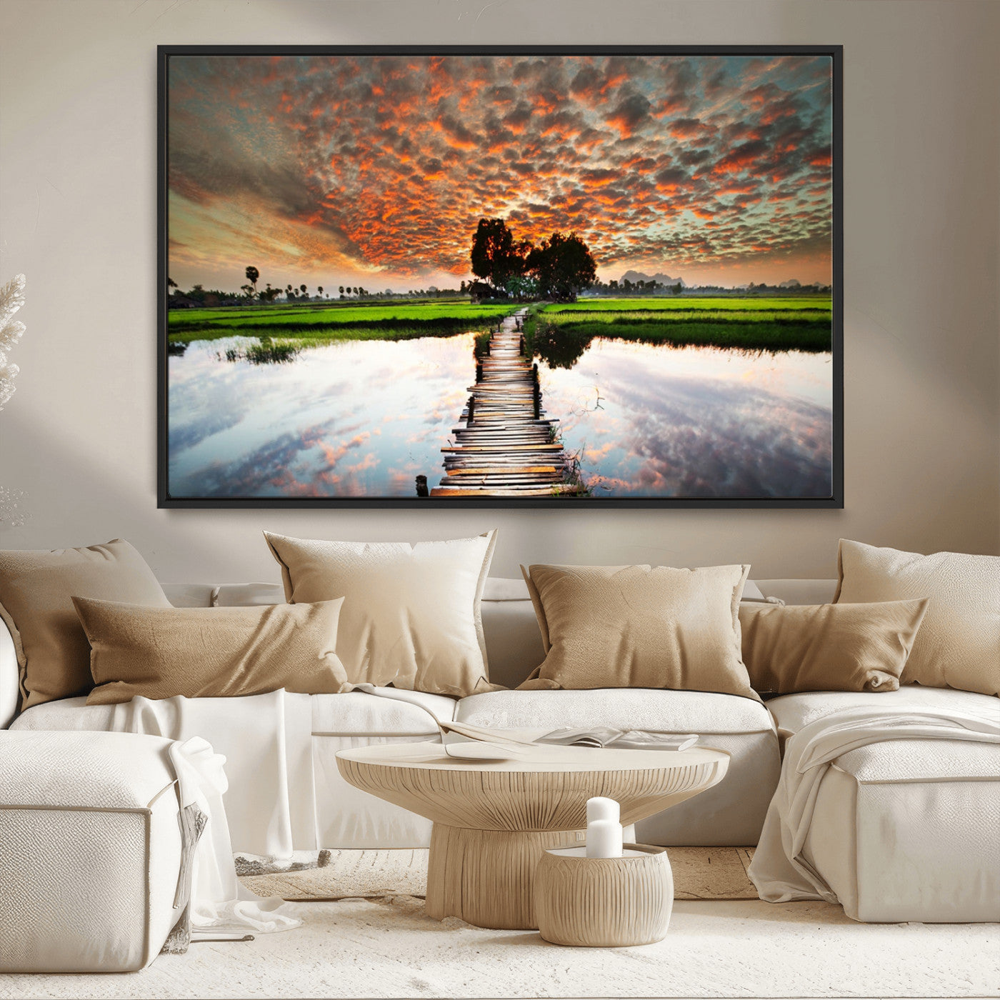 29105-MGV-CV-36X24-Rustic Wooden Bridge Wall Art – Scenic Sunset Over Rice Fields and Reflective Water Canvas Print, Nature Landscape Decor for