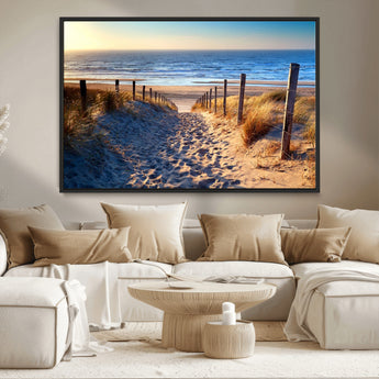 31889-MGV-CV-36X24-Sandy Beach Pathway Wall Art – Coastal Dune Fence and Ocean View Canvas Print, Relaxing Seaside Landscape Decor for Living Room or