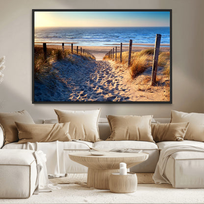 31889-MGV-CV-36X24-Sandy Beach Pathway Wall Art – Coastal Dune Fence and Ocean View Canvas Print, Relaxing Seaside Landscape Decor for Living Room or