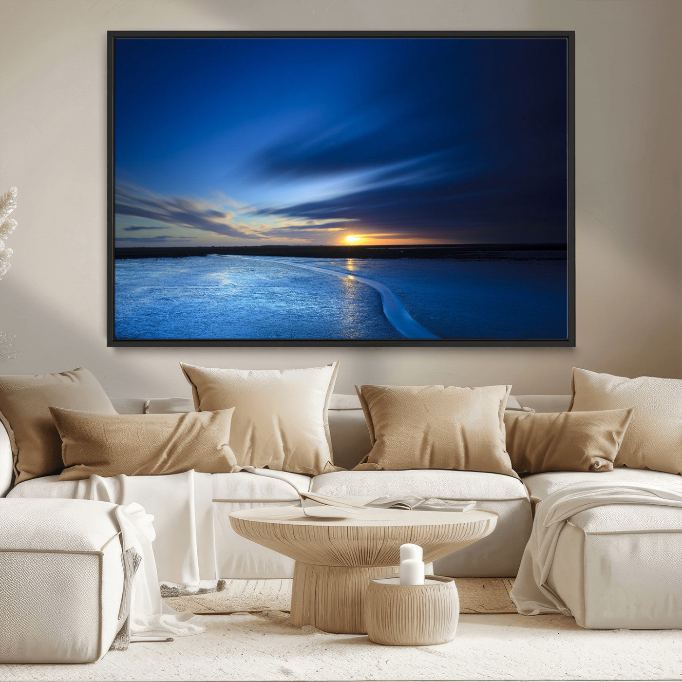 65405-MGV-CV-36X24-Blue Sunrise Seascape Wall Art – Tranquil Ocean Horizon Canvas Print with Golden Sunlight and Deep Sky, Coastal Landscape Decor