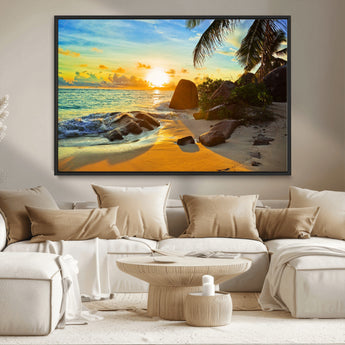 26181-MGV-CV-36X24-Golden Tropical Sunset Beach Wall Art – Ocean Canvas Print with Palm Trees and Rocks, Coastal Paradise Decor for Living Room or