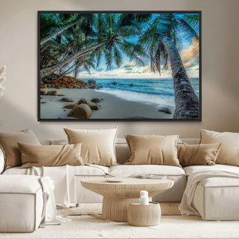 39679-MGV-CV-36X24-Tropical Palm Beach Wall Art – Serene Ocean Canvas Print with Palm Trees and Rocks, Coastal Paradise Decor for Living Room or