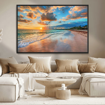 41572-MGV-CV-36X24-Sunset Beach Wall Art – Ocean Waves and Palm Trees Canvas Print, Tropical Coastal Sunset Seascape Decor for Living Room, Bedroom
