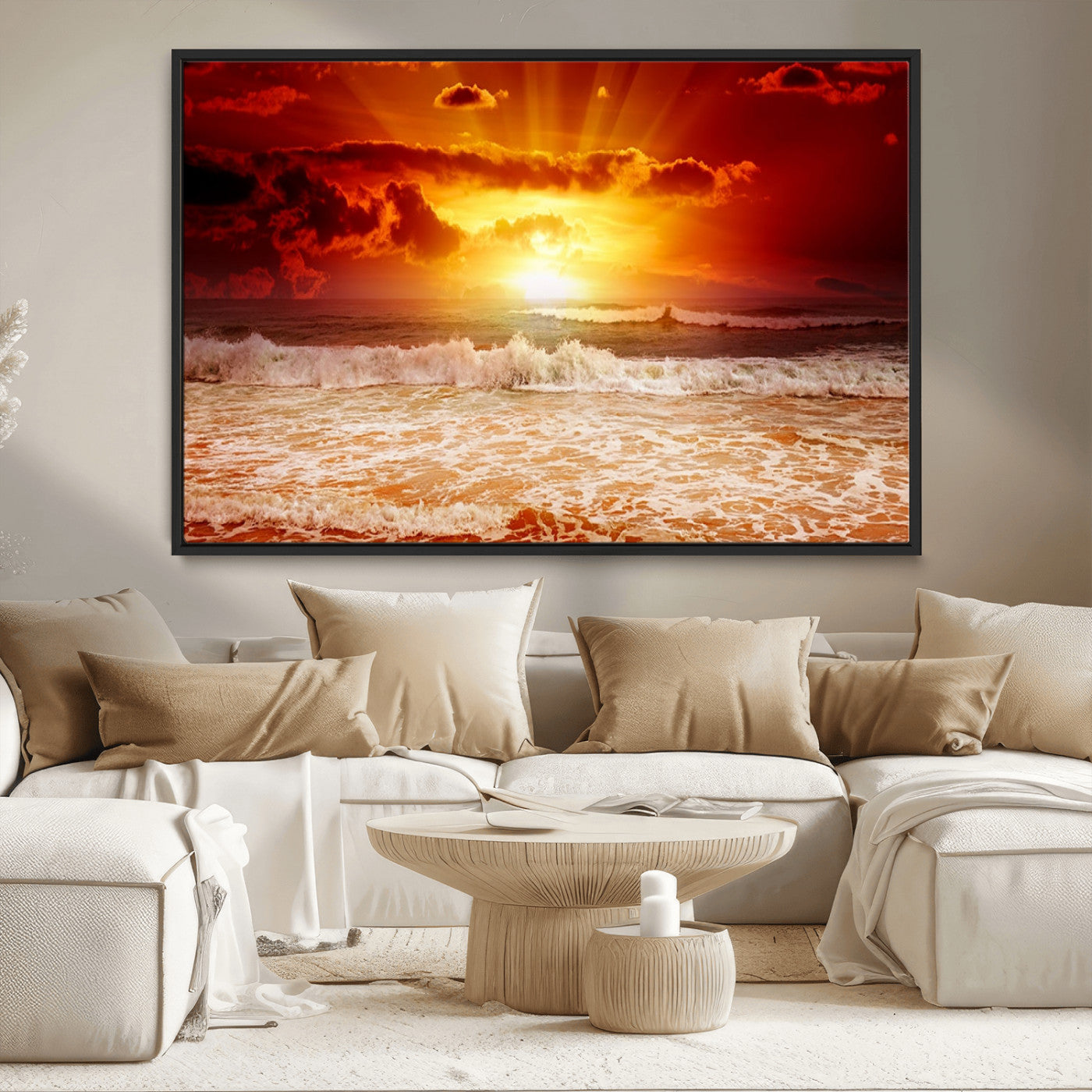 60211-MGV-CV-36X24-Fiery Sunset Ocean Wall Art – Red Sky Seascape Canvas Print with Waves, Bold Coastal Sunset Decor for Living Room or Bedroom