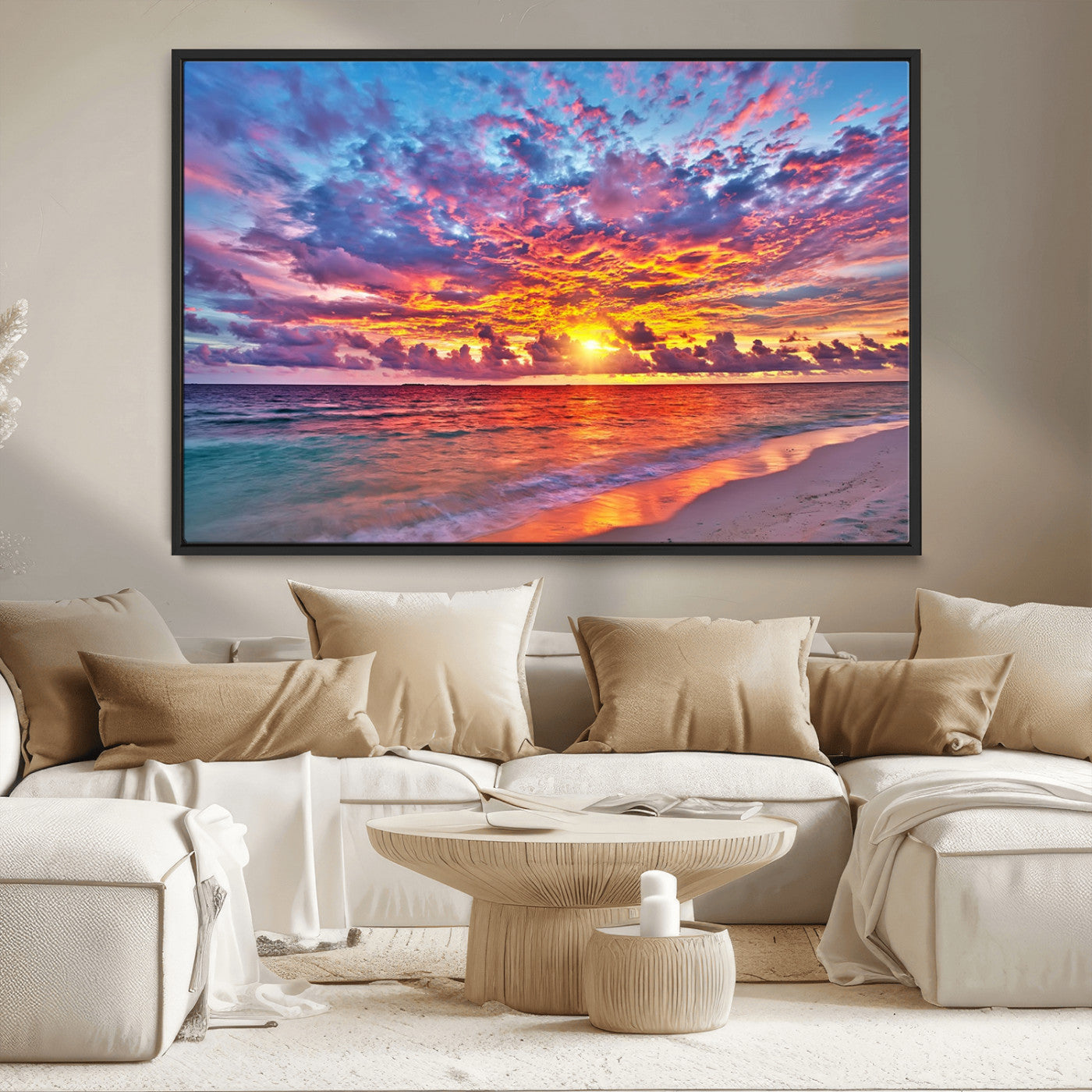 72836-MGV-CV-36X24-Fiery Sunset Beach Wall Art – Panoramic Vibrant Ocean Canvas Print, Dramatic Coastal Decor for Living Room, Bedroom or Office