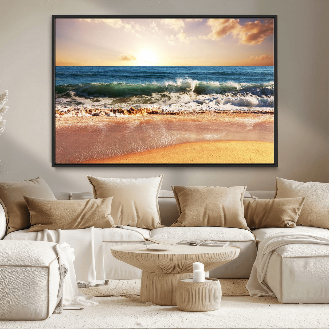 79005-MGV-CV-36X24-Golden Sunrise Ocean Waves Wall Art – Panoramic Seashore Canvas Print, Calming Coastal Decor for Home, Office or Relaxation Space