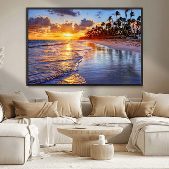 19917-MGV-CV-36X24-Tropical Sunset Beach Wall Art – Panoramic Palm Trees and Ocean Canvas Print, Vibrant Coastal Decor for Living Room, Office or Man