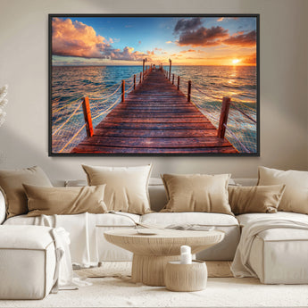 28836-MGV-CV-36X24-Ocean Pier Sunset Wall Art – Wooden Dock and Golden Horizon Canvas Print, Coastal Seascape Photography for Living Room, Bedroom,