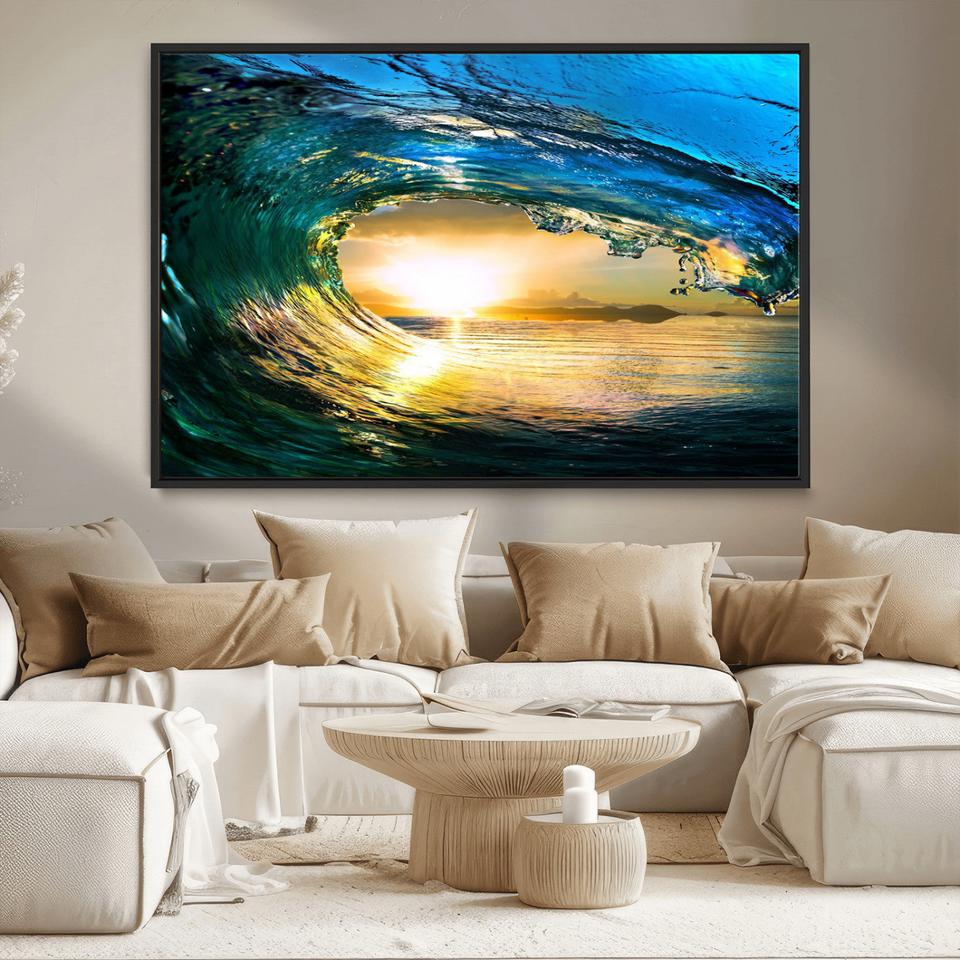 19378-MGV-CV-36X24-Ocean Wave Sunset Wall Art – Vibrant Surf and Golden Horizon Canvas Print, Coastal Seascape Photography for Living Room, Bedroom,