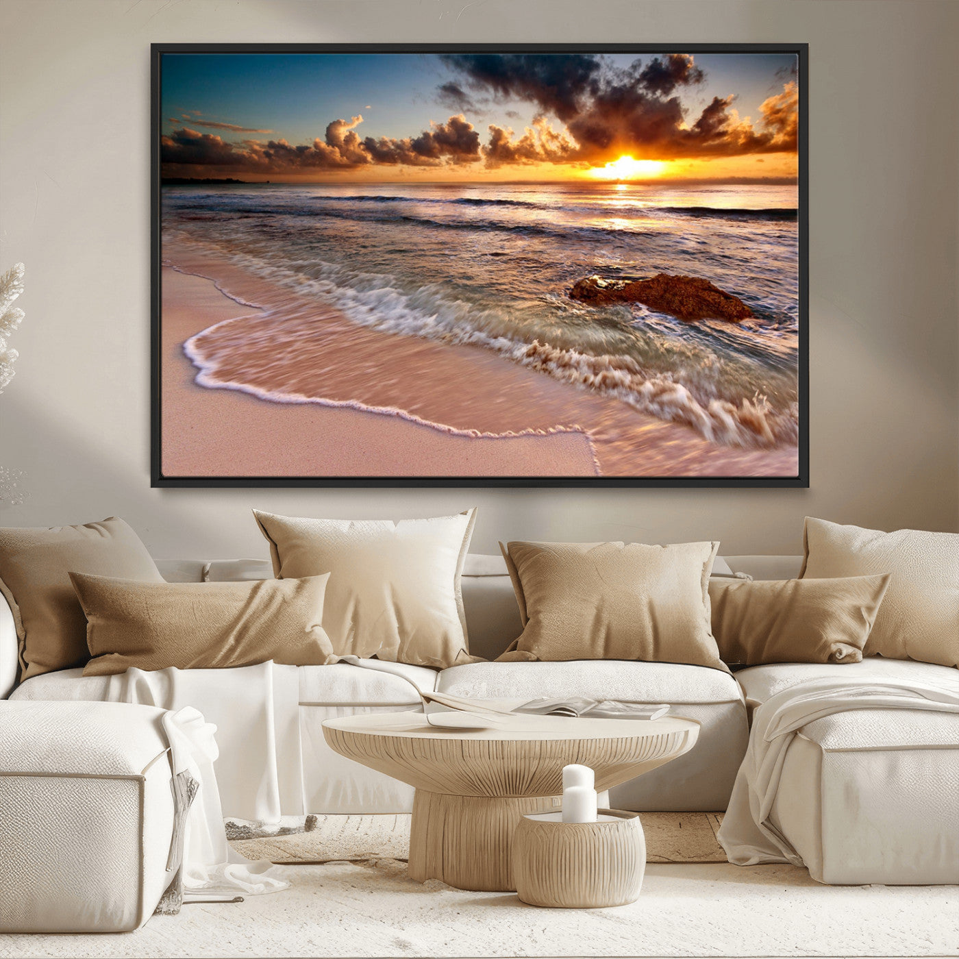 80979-MGV-CV-36X24-Golden Sunrise Beach Wall Art – Ocean Waves and Sandy Shore Canvas Print, Coastal Sunset Photography Artwork for Living Room,