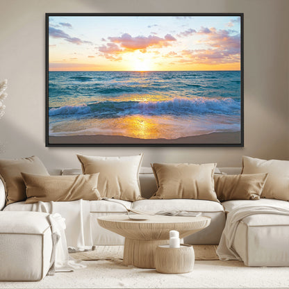 78006-MGV-CV-36X24-Golden Sunrise Ocean Wall Art – Panoramic Beach Waves Canvas Print, Coastal Seascape Artwork for Living Room, Bedroom, Office, or