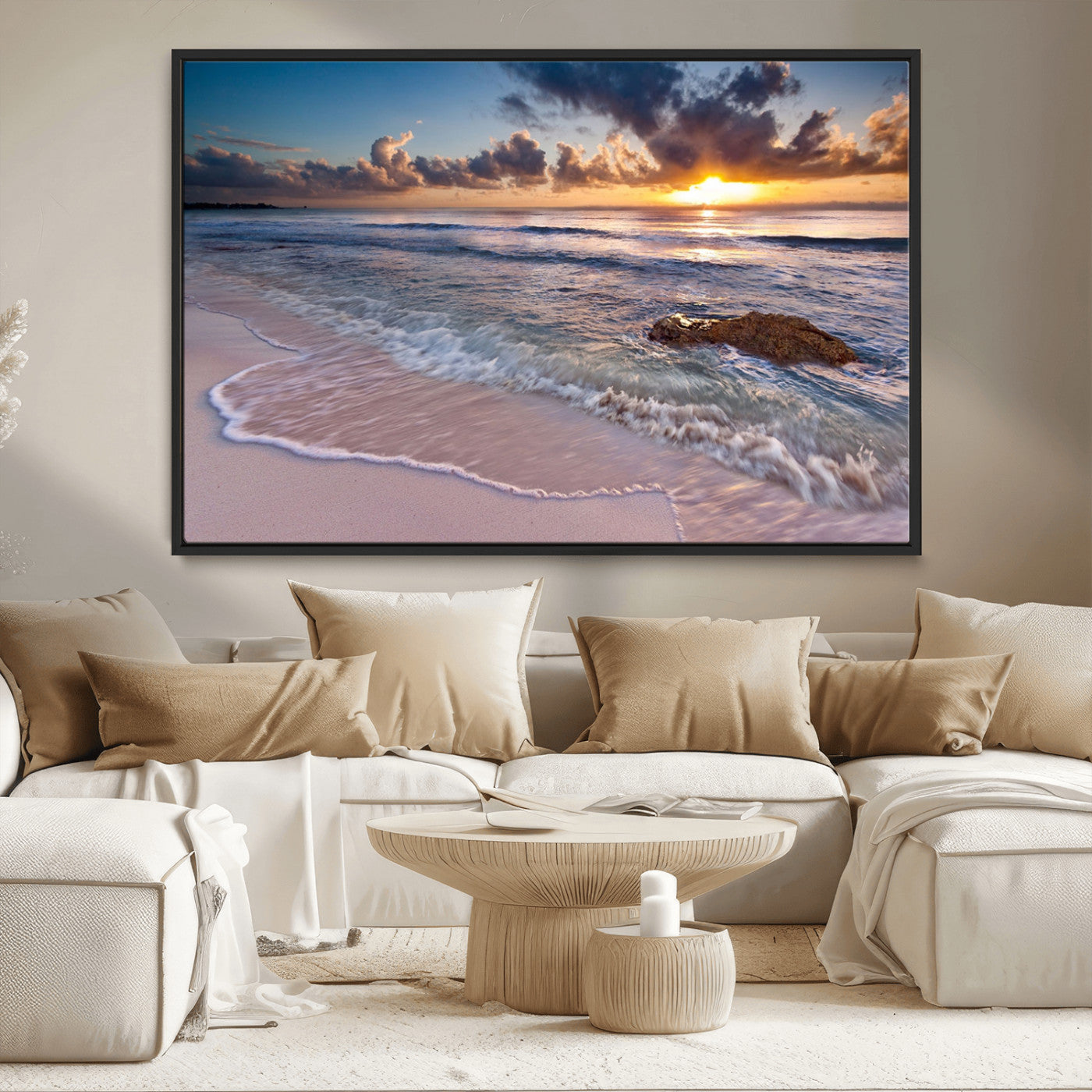 94906-MGV-CV-36X24-Sunrise Beach Wall Art – Panoramic Ocean Waves Canvas Print, Coastal Sunset Seascape Artwork for Living Room, Bedroom, or Office