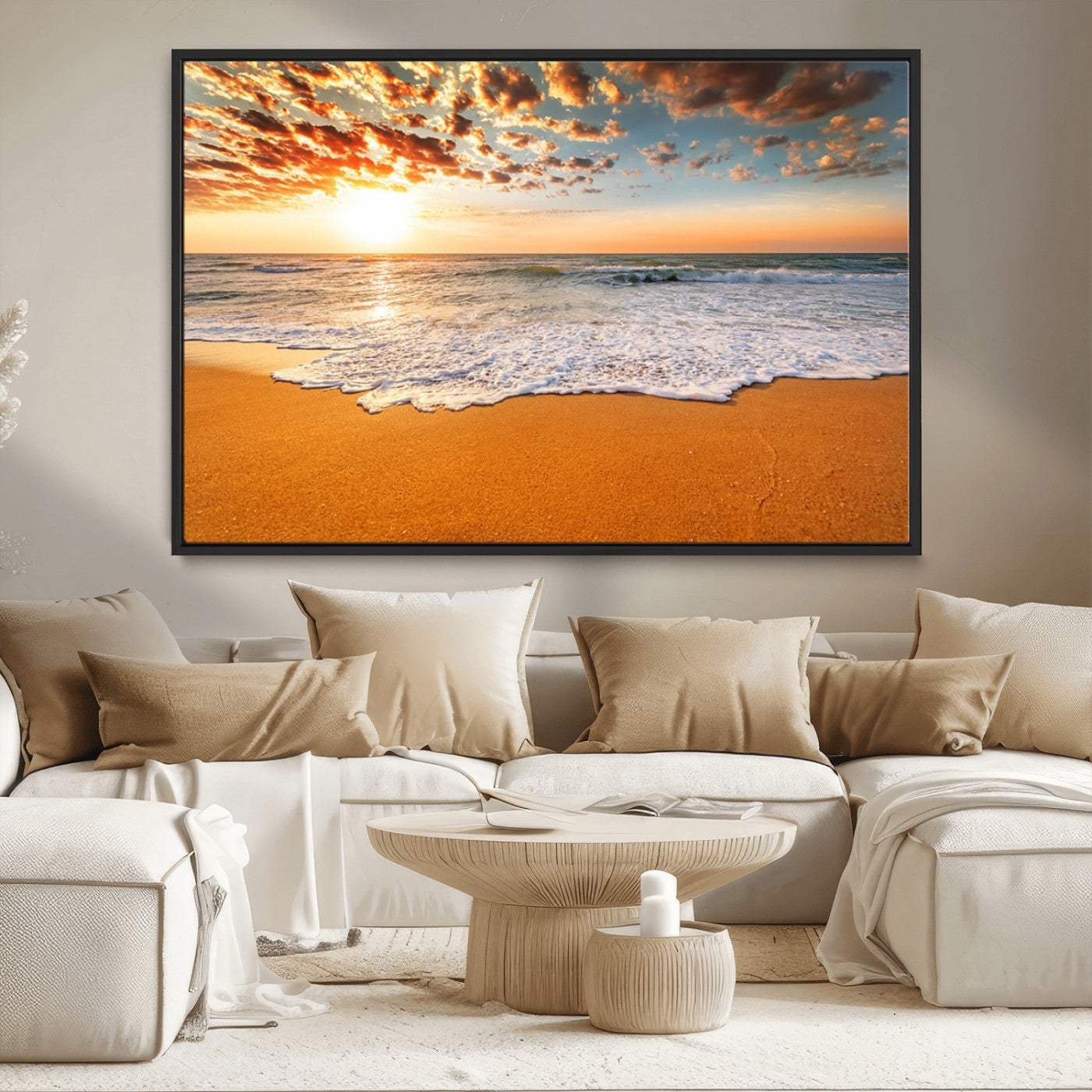 15399-MGV-CV-36X24-Golden Sunrise Beach Wall Art – Ocean Waves on Sandy Shore Canvas Print, Coastal Seascape Decor for Living Room or Bedroom