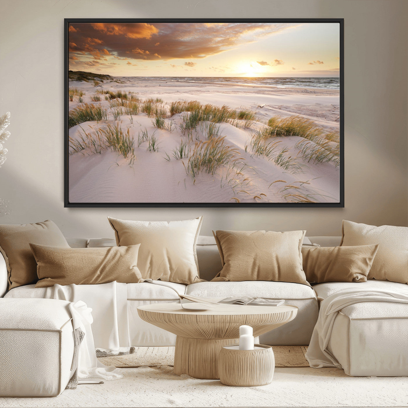 61246-MGV-CV-36X24-Coastal Sand Dunes Wall Art – Serene Beach Sunset Canvas Print with Grasses and Ocean View, Tranquil Seaside Decor for Living Room