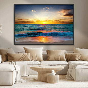 50627-MGV-CV-36X24-Ocean Sunset Wall Art – Serene Beach Canvas Print with Waves and Golden Sky, Coastal Decor for Living Room or Office