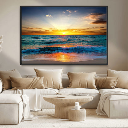 50627-MGV-CV-36X24-Ocean Sunset Wall Art – Serene Beach Canvas Print with Waves and Golden Sky, Coastal Decor for Living Room or Office