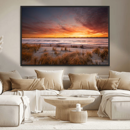 90176-MGV-CV-36X24-Beach Sunset Wall Art – Coastal Sand Dune Canvas Print with Ocean Waves and Dramatic Sky, Seaside Landscape Decor for Living Room