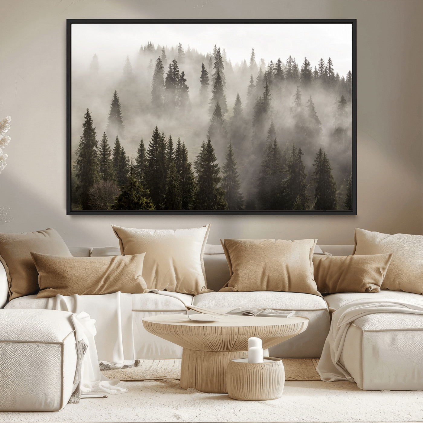 62862-MGV-CV-36X24-Misty Forest Wall Art – Tranquil Pine Tree Canvas Print with Mountain Fog, Nature Landscape Artwork for Living Room, Bedroom, or