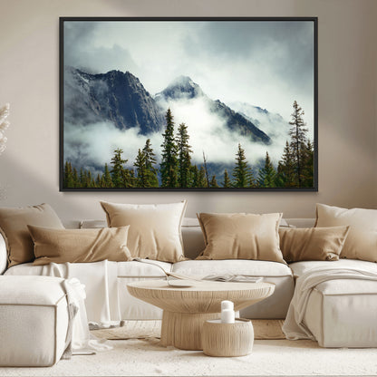 93219-MGV-CV-36X24-Misty Mountain Wall Art – Foggy Pines and Rocky Peaks Canvas Print, Nature Landscape Decor for Living Room, Office or Bedroom