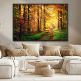 73494-MGV-CV-36X24-Golden Autumn Forest Path Wall Art – Sunlit Woodland Canvas Print, Fall Nature Landscape Home Decor