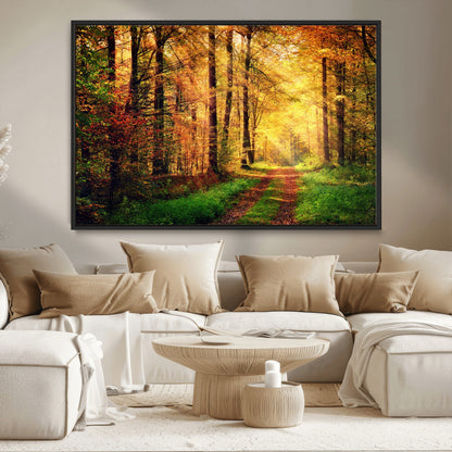 73494-MGV-CV-36X24-Golden Autumn Forest Path Wall Art – Sunlit Woodland Canvas Print, Fall Nature Landscape Home Decoration