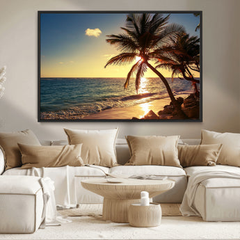 82710-MGV-CV-36X24-Palm Tree Sunset Beach Wall Art – Tropical Ocean Canvas Print, Coastal Paradise Seascape Decor for Living Room or Office Wall