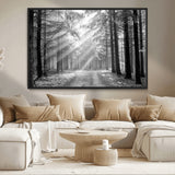 39665-MGV-CV-36X24-Black and White Forest Path Wall Art – Sunlight Rays in Trees Canvas Print, Nature Landscape Decor for Living Room