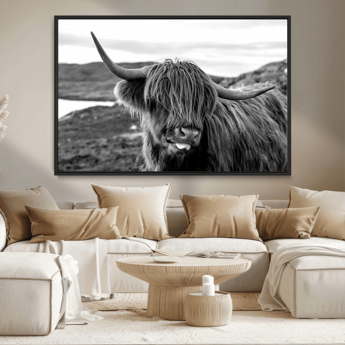 83810-MGV-CV-36X24-Highland Cow Wall Art – Black and White Highland Cattle Print, Rustic Farmhouse Animal Decor for Living Room or Office