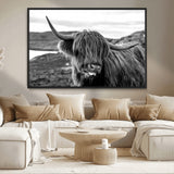 83810-MGV-CV-36X24-Highland Cow Wall Art – Black and White Highland Cattle Print, Rustic Farmhouse Animal Decor for Living Room