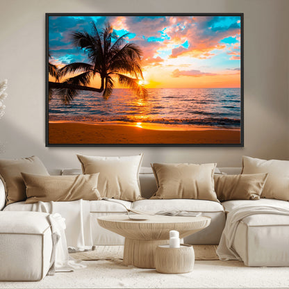 34674-MGV-CV-36X24-Tropical Sunset Beach Wall Art – Palm Tree Ocean Canvas Print, Coastal Seascape Decor for Living Room or Office Wall