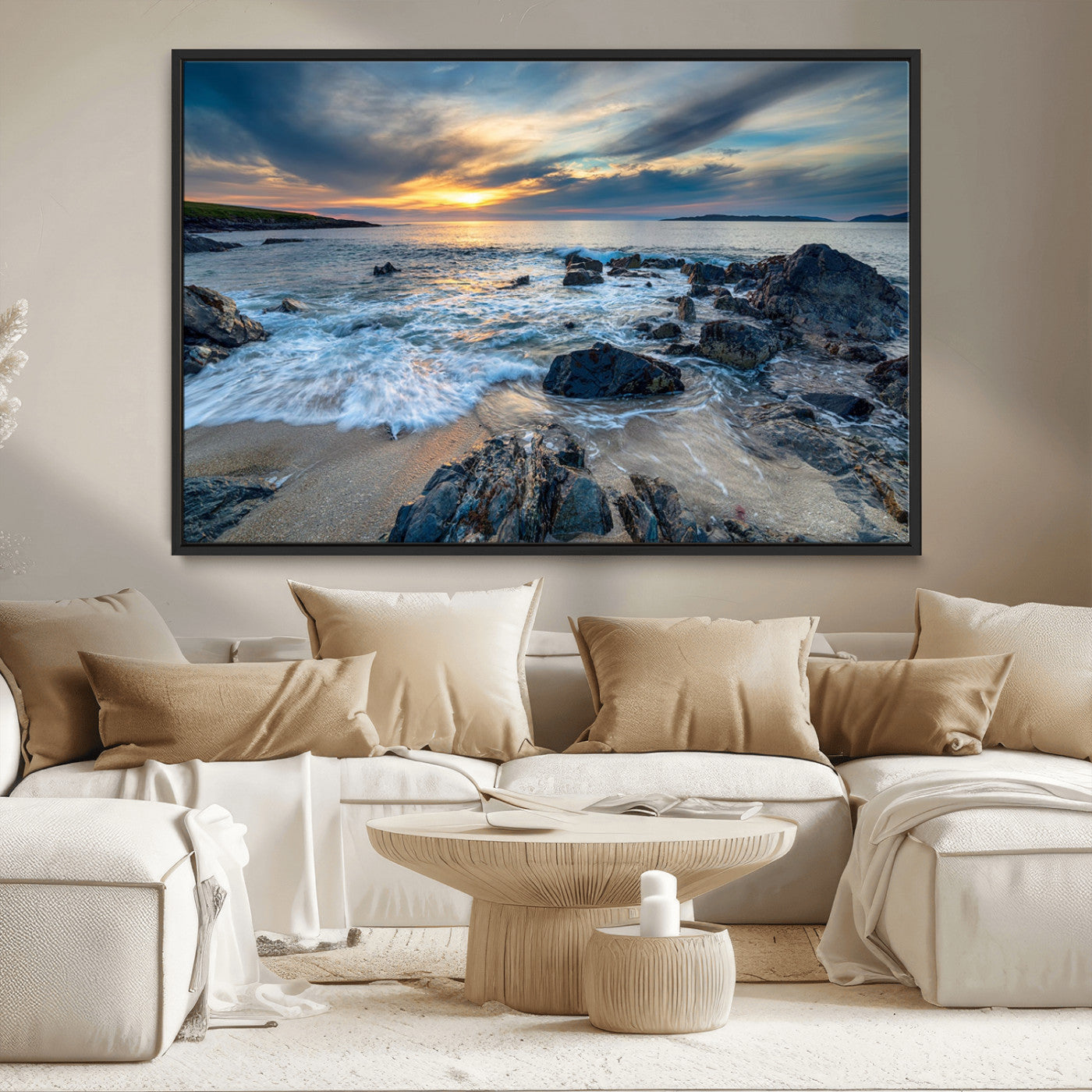 17902-MGV-CV-36X24-Rocky Shore Ocean Sunset Wall Art – Coastal Seascape Canvas Print, Nature Beach Decor for Living Room or Office