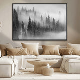 57235-MGV-CV-36X24-Misty Pine Forest Wall Art – Black and White Mountain Landscape Canvas Print, Nature Woodland Decor for Living Room, Bedroom or