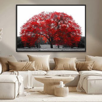 80021-MGV-CV-36X24-Red Tree Wall Art – Striking Black and White Landscape Canvas Print with Vibrant Red Leaves, Modern Nature Decor for Living Room