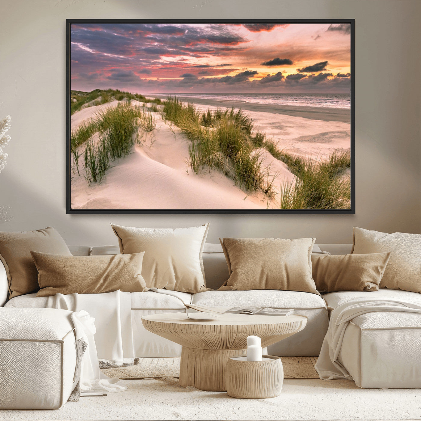 60570-MGV-CV-36X24-Beach Sunset Wall Art – Coastal Sand Dunes and Ocean Horizon Canvas Print, Tranquil Seascape Photography Decor for Living Room or