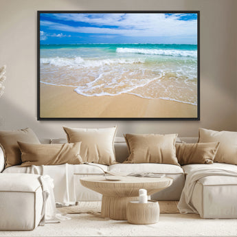 20660-MGV-CV-36X24-Ocean Wave Beach Wall Art – Serene Blue Sea and Sandy Shore Canvas Print, Coastal Landscape Photography Decor for Living Room or