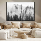 10422-MGV-CV-36X24-Misty Pine Forest Wall Art – Black and White Foggy Landscape Canvas Print, Serene Nature Woodland Decor for Bedroom, Office or