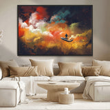 45085-MGV-CV-36X24-Surreal Cosmic Wall Art – Abstract Galaxy Dreamscape Canvas Print with Man and Dog in Boat, Fantasy Nebula Painting for Living