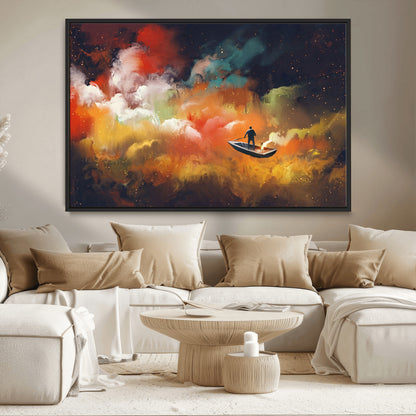 45085-MGV-CV-36X24-Surreal Cosmic Wall Art – Abstract Galaxy Dreamscape Canvas Print with Man and Dog in Boat, Fantasy Nebula Painting for Living