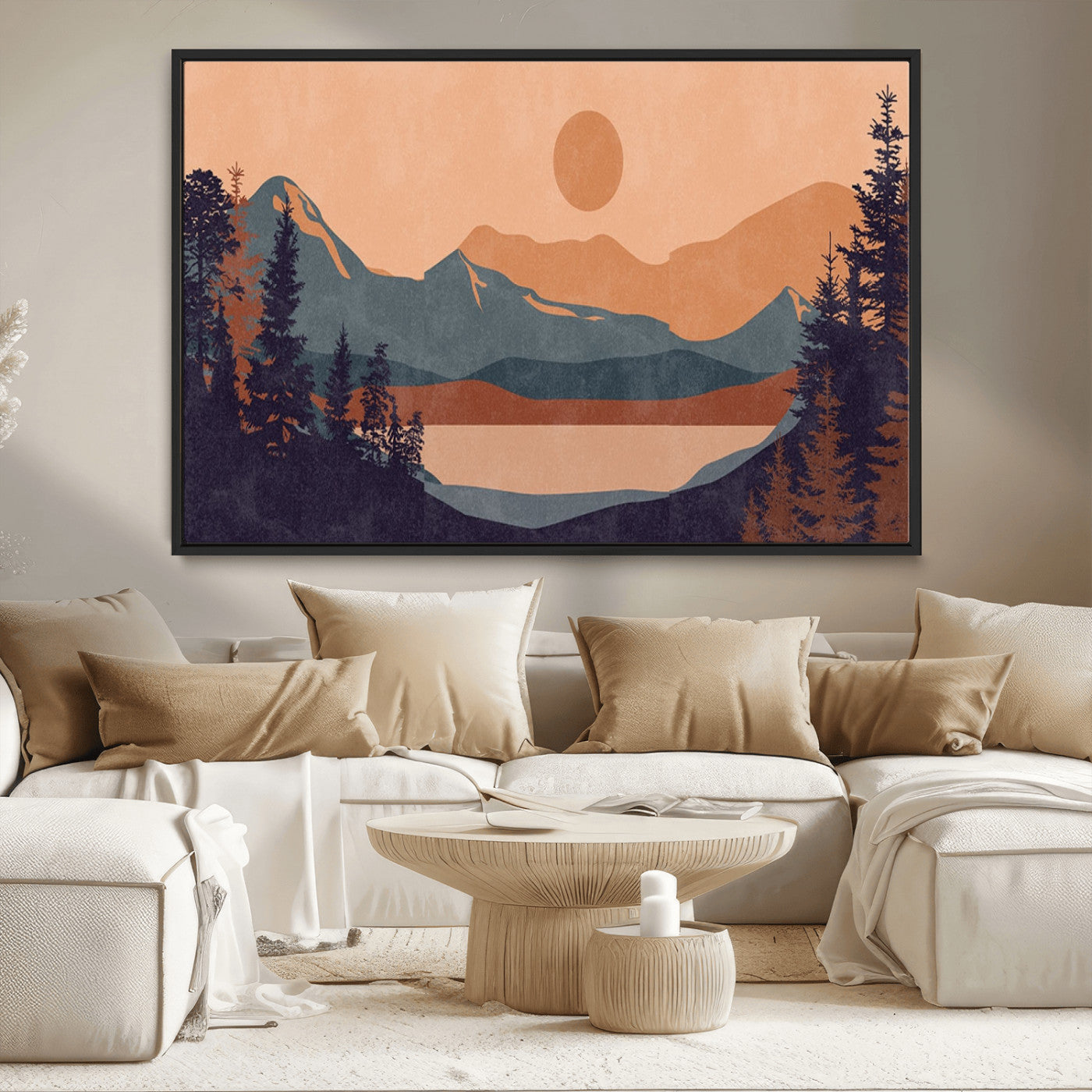 62795-MGV-CV-36X24-Minimalist Mountain Landscape Wall Art – Abstract Sunset Over Peaks and Pine Trees Canvas Print, Modern Nature Decor for Living