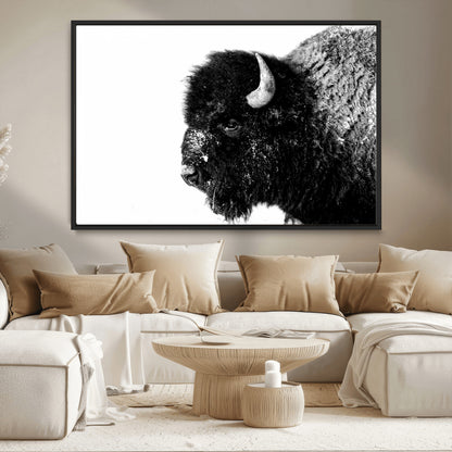 68780-MGV-CV-36X24-Bison Close-Up Wall Art – Black and White Buffalo Canvas Print, Rustic Wildlife Photography Decor for Living Room, Office, or