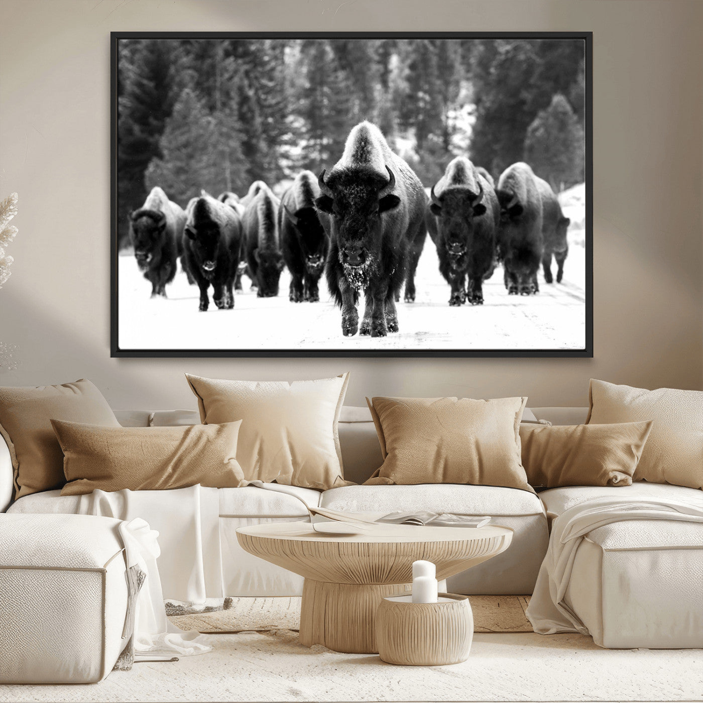 62434-MGV-CV-36X24-Bison Herd Wall Art – Majestic Black and White Buffalo Canvas Print, Wildlife Nature Photography Decor for Living Room, Office or