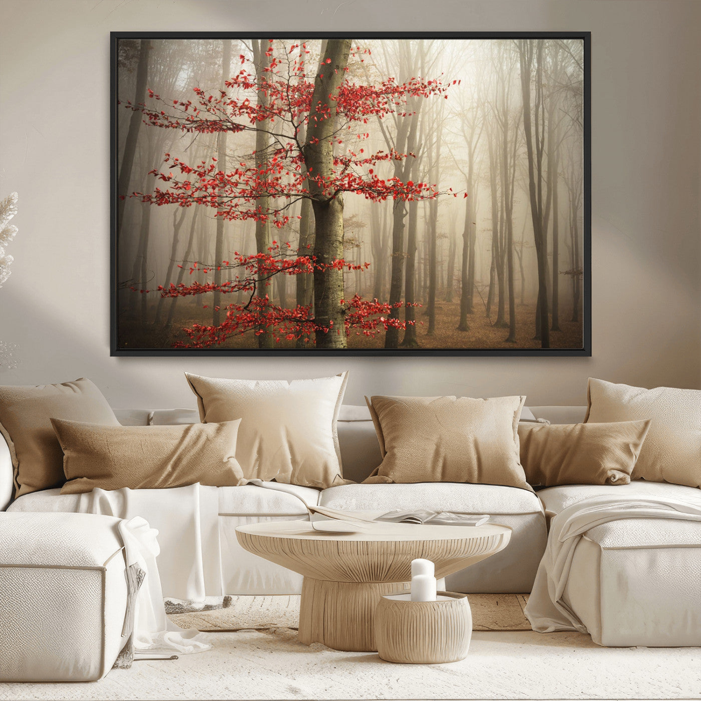 61855-MGV-CV-36X24-Misty Forest Wall Art – Red Tree with Autumn Leaves Canvas Print, Moody Woodland Nature Decor for Living Room, Bedroom, or Office