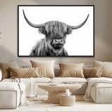 10123-MGV-CV-36X24-Black and White Highland Cow Wall Art – Modern Farmhouse Animal Print, Rustic Scottish Bull Canvas Decor for Living Room, Bedroom,