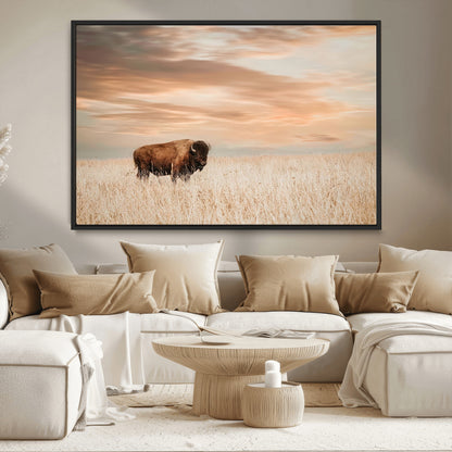 99699-MGV-CV-36X24-Bison in Prairie at Sunset – Wildlife Photography Print, American Buffalo Wall Art, Nature Landscape Canvas Decor for Office