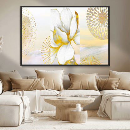 82301-MGV-CV-36X24-Modern Floral Wall Art – White Flower with Gold Detailing Canvas Print, Elegant Abstract Artwork for Living Room, Bedroom, or