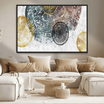 70653-MGV-CV-36X24-Abstract Tree Ring Wall Art – Modern Rustic Wood Slice Canvas Print with Gold Accents, Contemporary Nature Decor for Living Room,