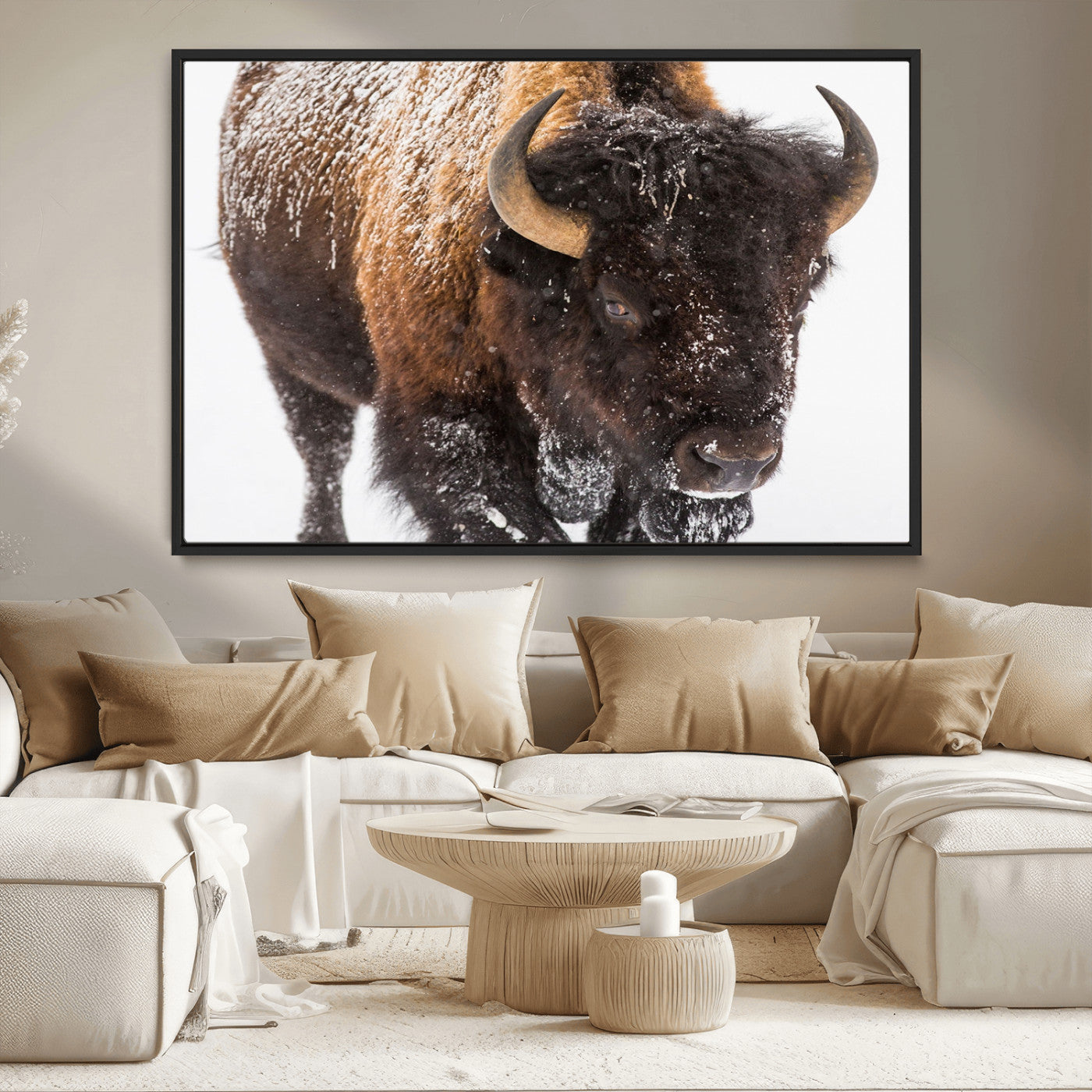 65605-MGV-CV-36X24-Snow Bison Wall Art – Close Up Buffalo Canvas Print, Rustic Western Wildlife Photography, Farmhouse Cabin Lodge Decor for Living