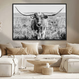 77320-MGV-CV-36X24-Texas Longhorn Wall Art – Black and White Western Cattle Canvas Print, Rustic Farmhouse Animal Photography Decor for Living Room,