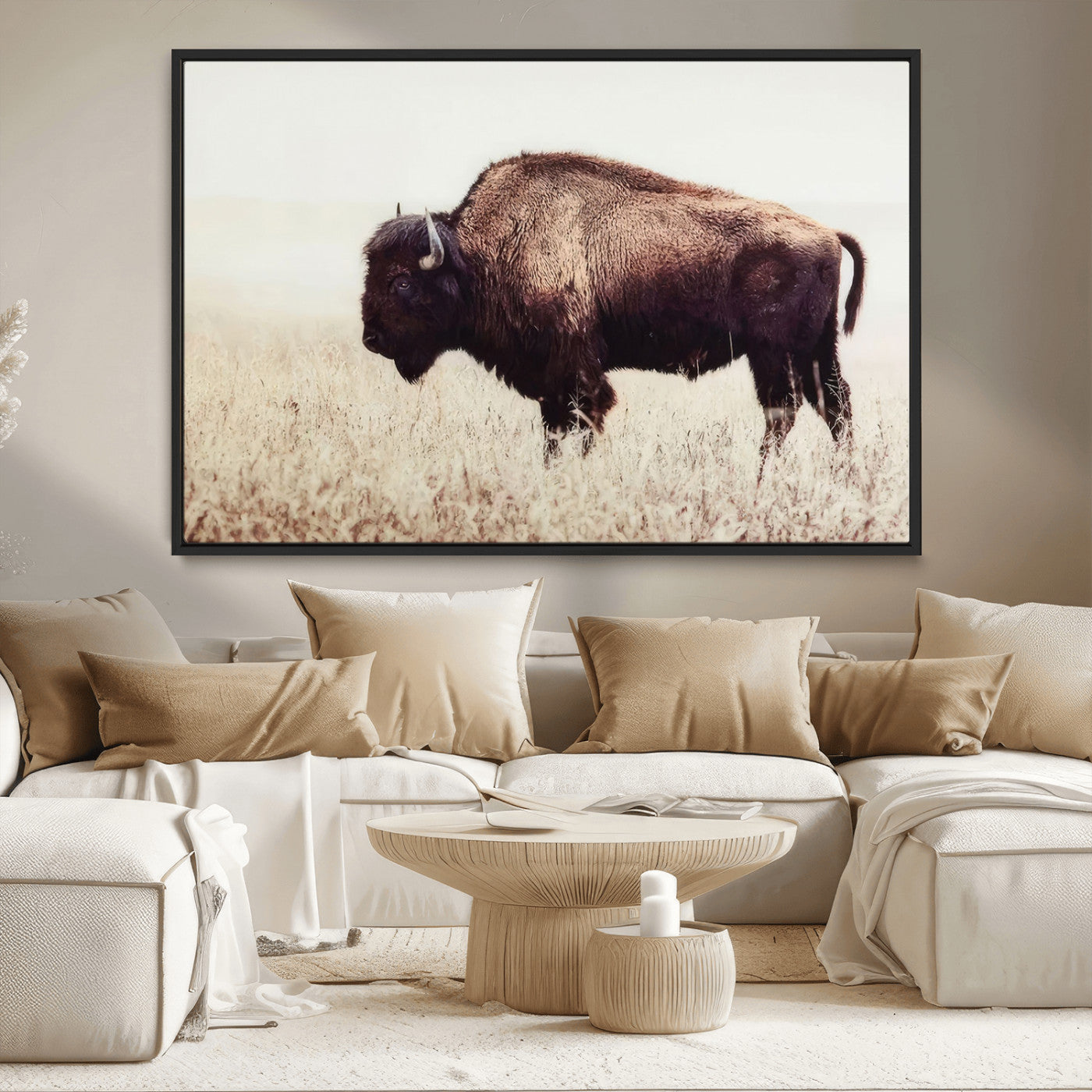 48406-MGV-CV-36X24-American Bison Wall Art – Rustic Buffalo Canvas Print in Prairie Field, Western Wildlife Photography Decor for Cabin, Lodge,