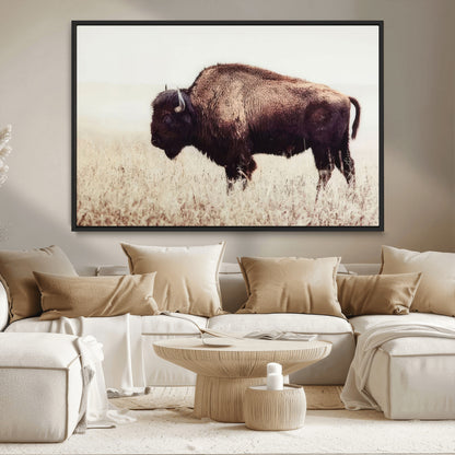 48406-MGV-CV-36X24-American Bison Wall Art – Rustic Buffalo Canvas Print in Prairie Field, Western Wildlife Photography Decor for Cabin, Lodge,
